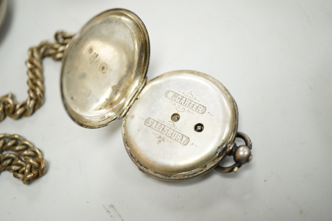 A late Victorian silver 'Improved Patent' open faced pocket watch, with Roman dial and subsidiary seconds, together with four other silver or white metal pocket/fob watches and three base metal chain sections.